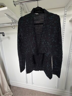 Express Black Open-Front Cardigan with Blue Fleck